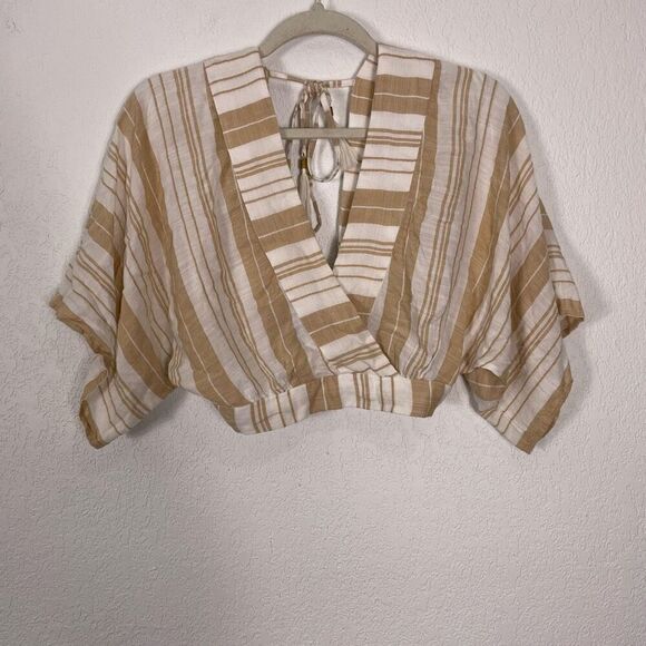 l*space Tops - L*Space Tan & White Striped V Neck Cropped Oversized Sleeve Top